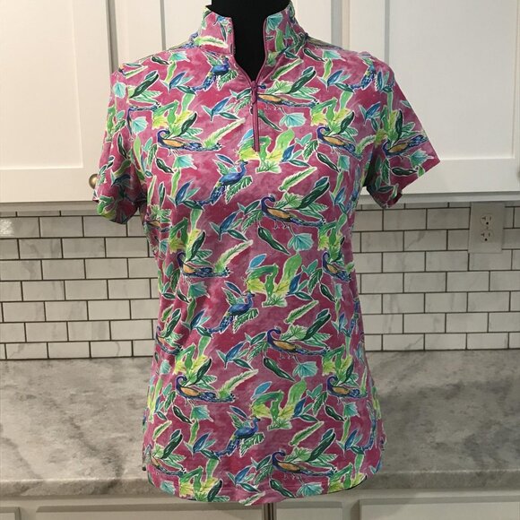 IBKUL Shirt Womens Small Pink Zip Mock Short Sleeve UPF 50+ Peacock Print Golf - Picture 1 of 9